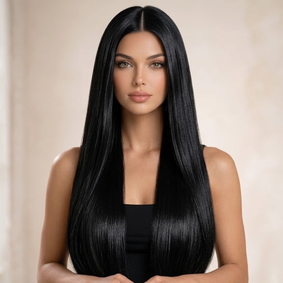 QUEENTAS 24 Inch Glueless Long Straight Black Wig for Women – Synthetic Heat-Resistant Wig, Wear & Go Pre-Plucked Natural Hairline, Everyday & Party Wig (Black)