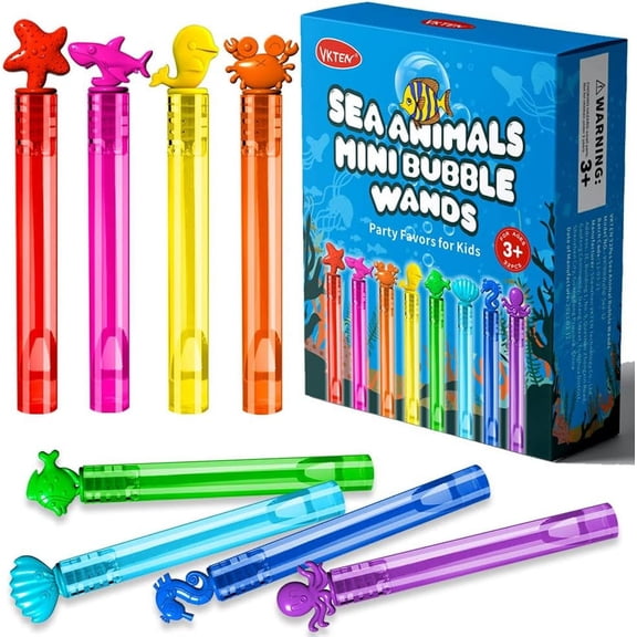 Bubble Party Favor Set, 32 Mini Bubble Wands in 8 Sea Animal Styles and 8 Colors for Kids Birthday Parties, Classroom Prizes, Summer Outdoor Gifts