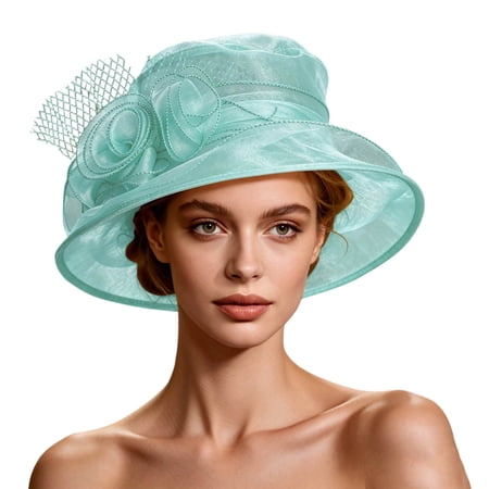 QSAWXQZ Women s Mesh Floral Hat Wide Brim Dress Cap Headwear for Wedding Party Free Size