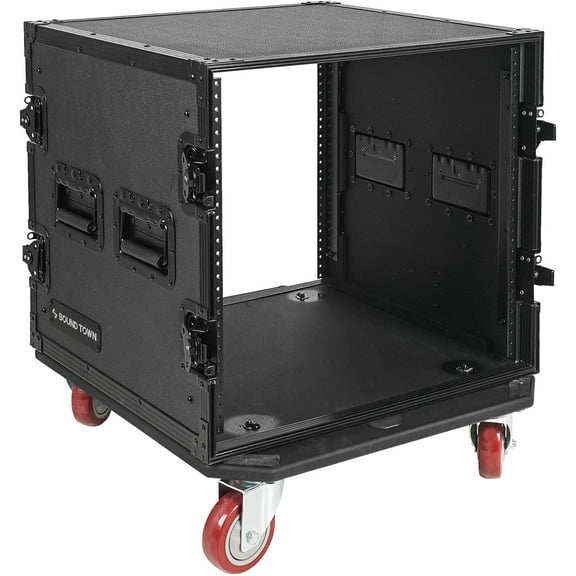 Sound Town Black Series 10U PA/DJ Rack/Road Case with 10-Space, All-Black Anodized Hardware, Plywood, Casters, and 21” Rackable Depth - Pro Tour Grade (STRC-B10UW)