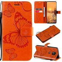 Wallet Case for Motorola Moto G Power 2021, Magnetic Flip Kickstand Emboss Butterfly PU Leather Protective Phone Cover with Wrist Strap & Card Slots, Orange