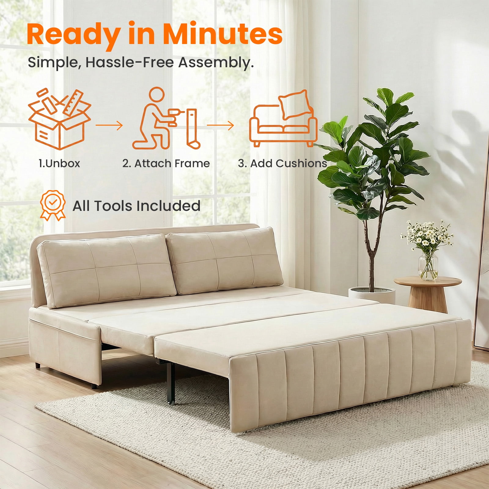 Puremind Queen Size Pull Out Sofa Bed, Convertible Sleeper Sofa with Pull Out Bed, Loveseat Couch Bed with Pillows for Living Room/Apartment, Beige