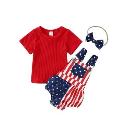 

Blotona Baby Boys Girls Independence Day Clothes Set Solid Ribbed Short Sleeve T-Shirt + Stars Stripe Print Overalls Jumpsuit + Headband 4th of July 3Pcs Summer Outfits 0-18M