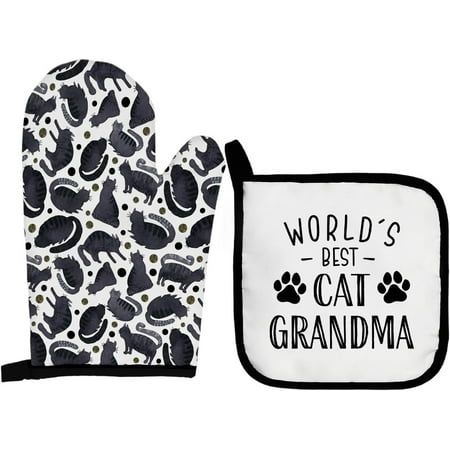 

Sunyuer World s Best Cat Grandma Printed Oven Mitts and Pot Holders 2 Pcs Sets Heat Resistant Oven Gloves Potholder for Kitchen Cooking Baking Decoration