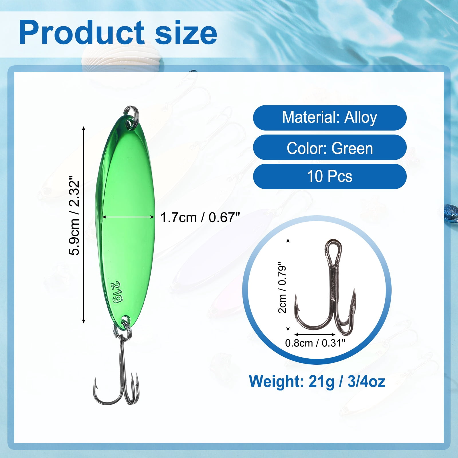 Uxcell Fishing Spoons Lures, Metal Saltwater Treble Trout Lures Jigging Spoon with Treble Hooks Casting Spinner Baits 10 Pcs & 3/4 oz & Green - Fitting for (Freshwater/Salmon/Bass/Trout)