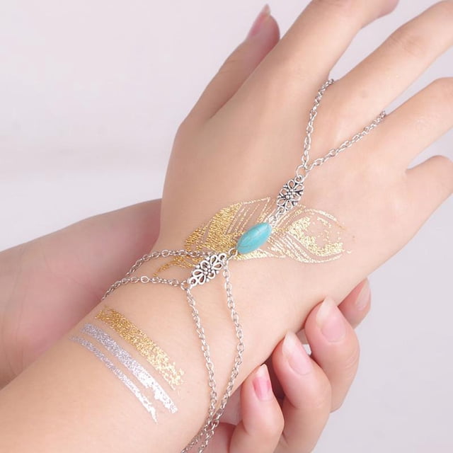 Pulsera jinwen Abalorios Turquesa Arnés de Esclavo de Mano Azul Plateado