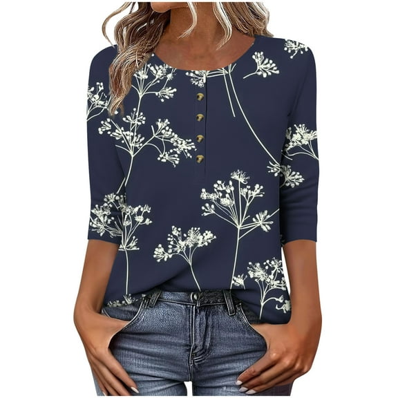 Craaazy Shirts For Women Printed Button 3/4 Sleeve T-shirt Crew Neck T-shirt Button Down Shirts For Women Plaid Graphic Casual Loose Tops Casual Printed Gifts For Women