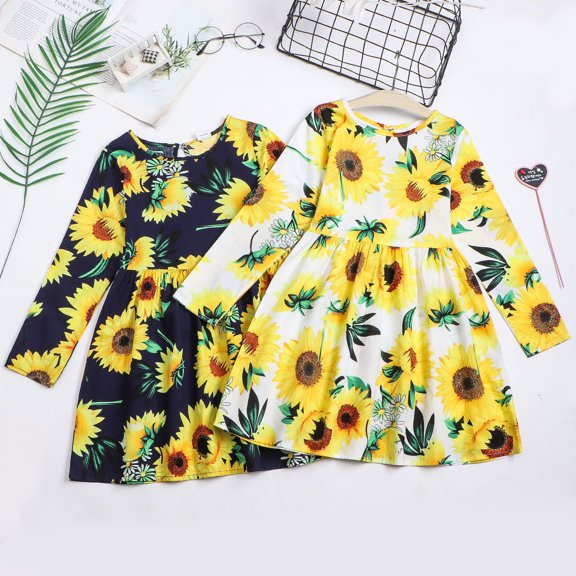 FAOWME Toddler Kids Girls Summer Dress Long Sleeve Round Neck Sunflower Printed A Line Comfortable Fashion Dresses For Casual Daily Wear,Black,4-5Y