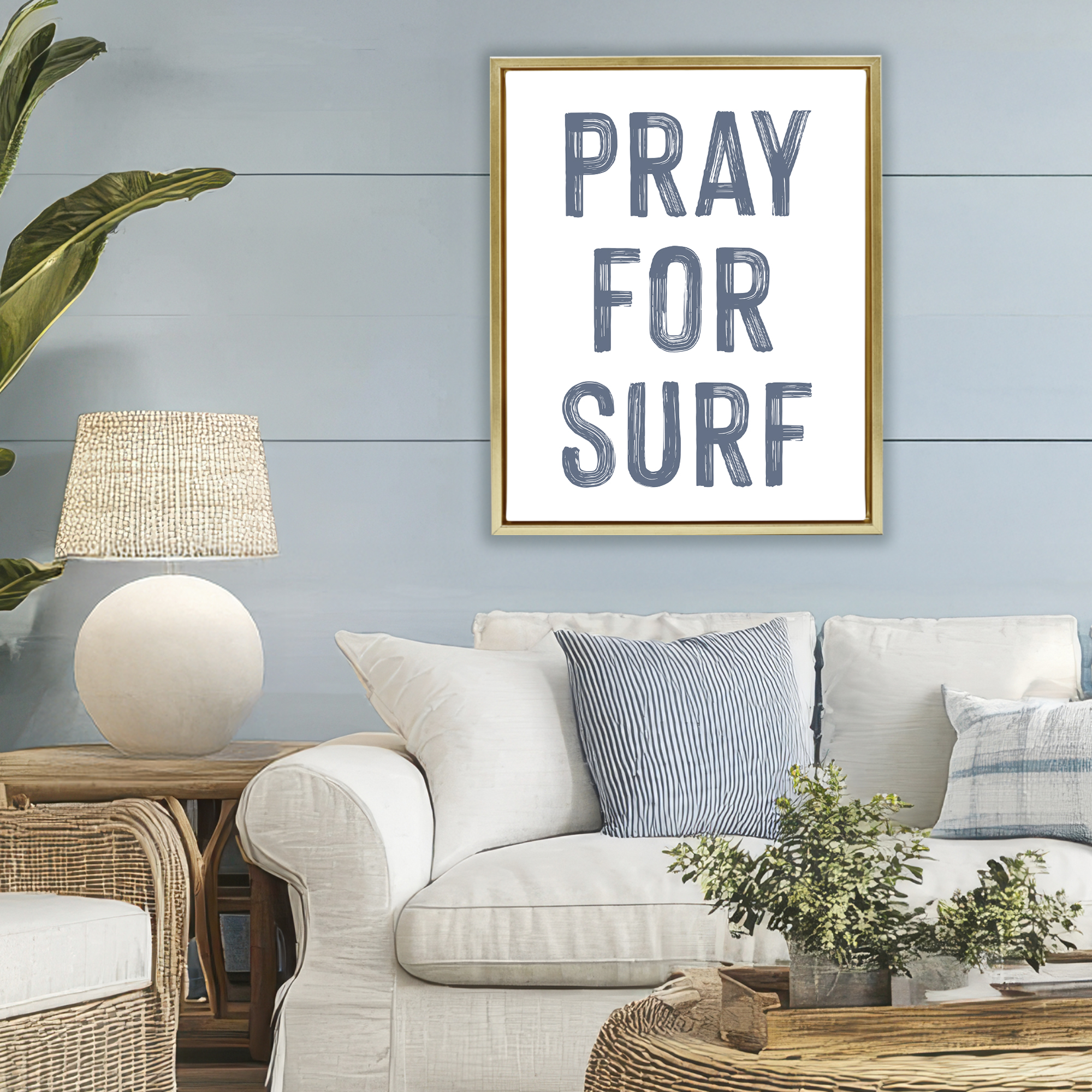 Summer Sentiment Pray For Surf Gold Framed Floater Canvas Wall Art, design by Lettered and Lined