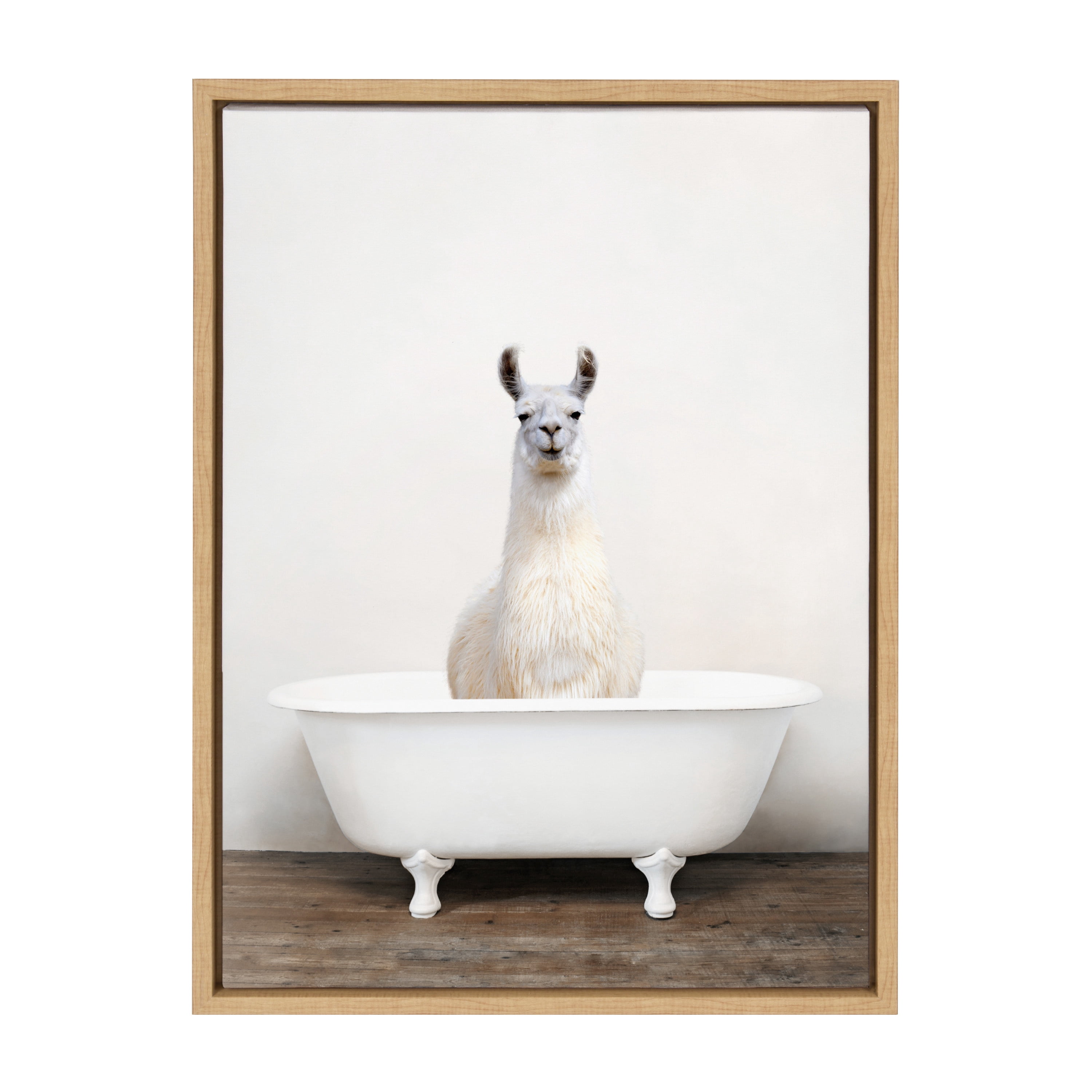 Kate and Laurel Sylvie Alpaca in the Tub Color Framed Canvas Wall Art by Amy Peterson Art Studio, 18x24 Natural, Modern Fun Decorative Bathtub Wall Art for Home Décor
