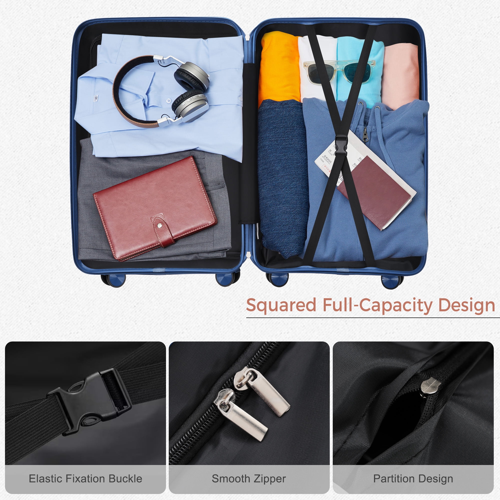 RIGO 3 Piece Luggage Set, PP Hard Shell Suitcase with TSA Lock, 20 24 28 Inch Lightweight Spinner Luggage with 360° Wheels, Blue Unisex Travel Suitcase