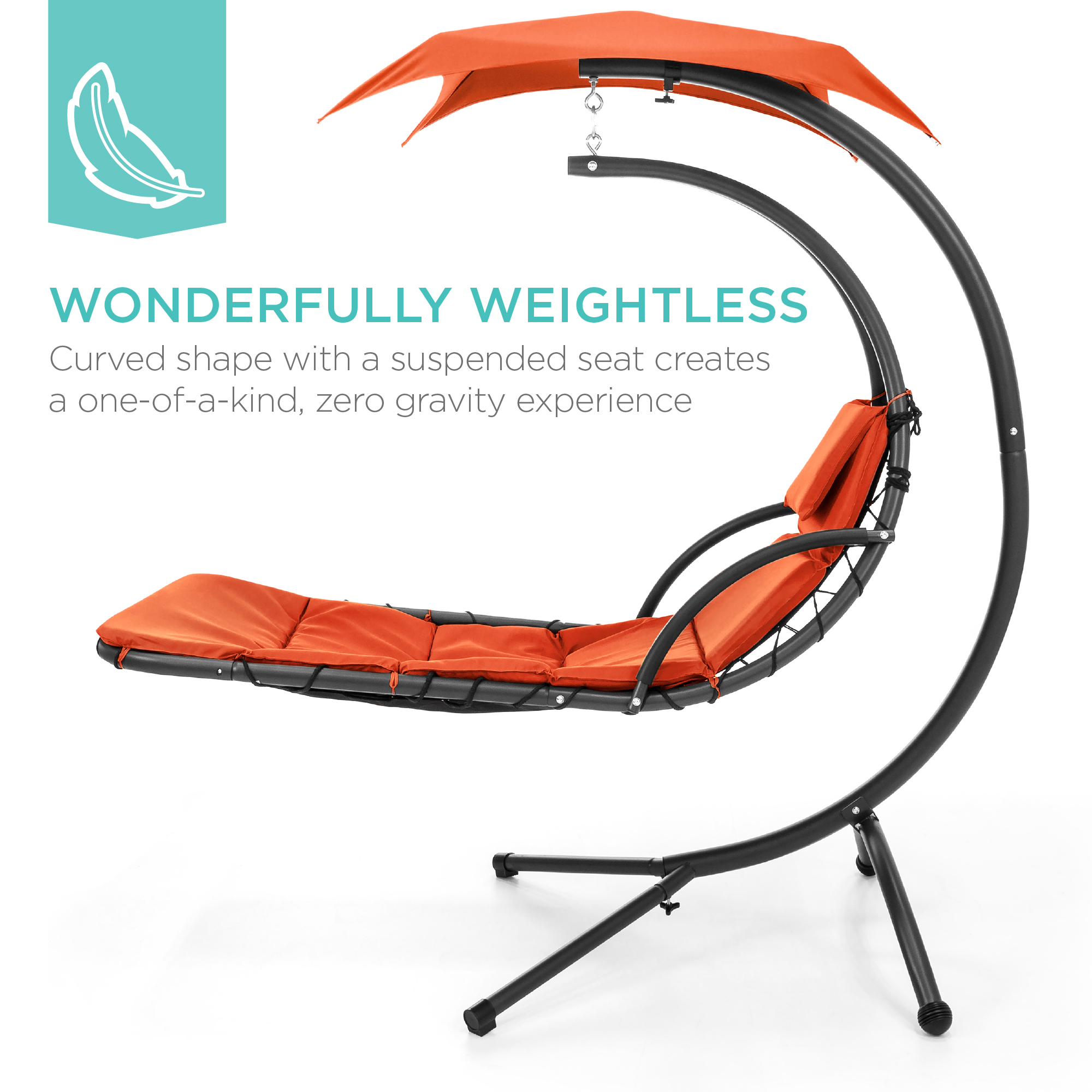 Best Choice Products Hanging Curved Chaise Lounge Chair Swing for Backyard, Patio w/ Pillow, Shade, Stand - Orange - image 3 of 8