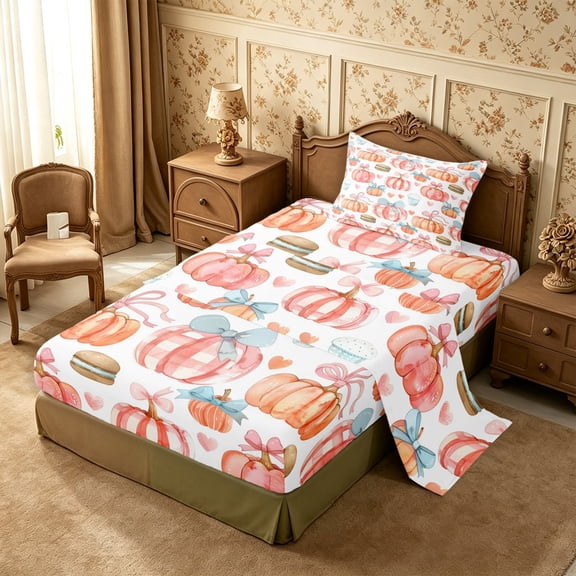 Erosebridal Pumpkin Sweets Twin Sheets 3pcs,Cute Fall Bedding,Light Blue,1 Flat Sheet, 1 Fitted Sheet and 1 Pillowcase