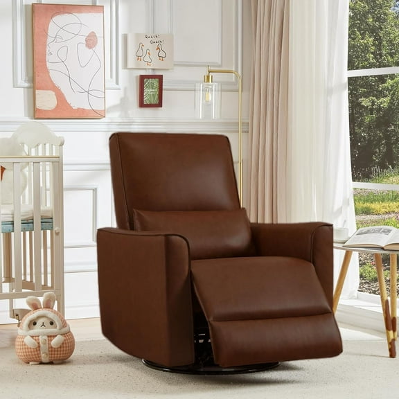Swivel Rocking Recliner Chair, 360° Swivel Rocker Glider Nursery Chair Manual Leather, Reclining Sofa Chair Recliner Glider with Lumbar Support & Padded Armrest, Comfortable Rocker Single Sofa