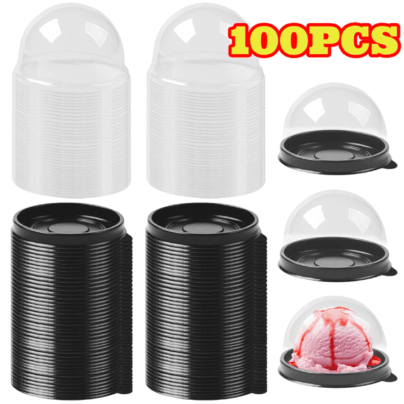 100pcs Black Cupcake Boxes, 2.95 x 2 inch Plastic Cupcake Containers with Clear Lids, for Chocolate, Covered Cookies, Moon Cakes