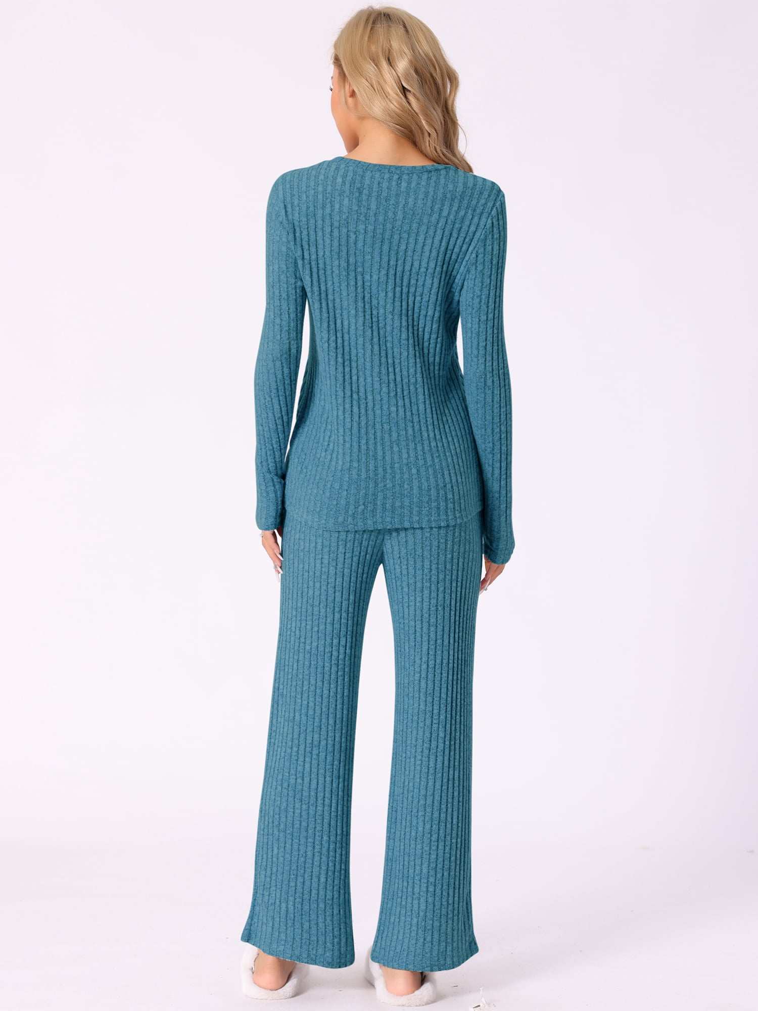 DARING DIVA Women's Knit Long Sleeve Ribbed Sleepwear Soft Crewneck Sets L Peacock Blue