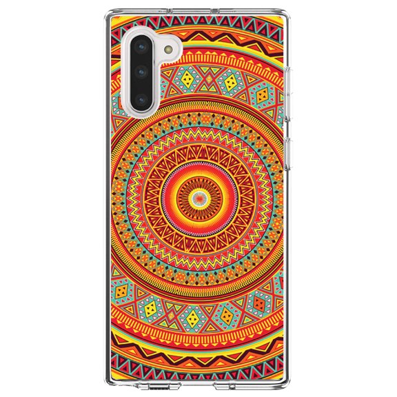 DistinctInk Clear Shockproof Hybrid Case for Samsung Galaxy Note 10 (6.3" Screen) - TPU Bumper, Acrylic Back, Tempered Glass Screen Protector - Orange Teal Yellow Tribal Print