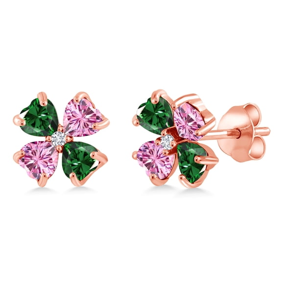 Gem Stone King 18K Rose Gold Plated Silver Green Nano Emerald Pink Moissanite and White Lab Grown Diamond Earrings for Women | 2.63 Cttw | Gemstone May Birthstone | Heart Shape 4MM