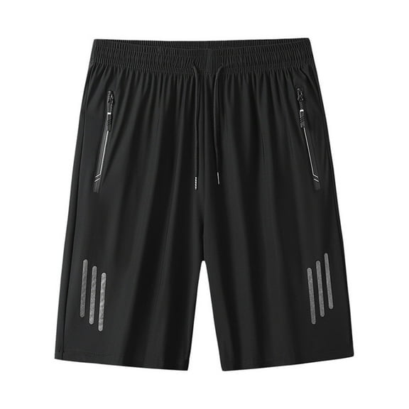 Mens Shorts Athletic Ice Silk Shorts Lightweight Pocket with Zip Sports Elastic Waist Black L