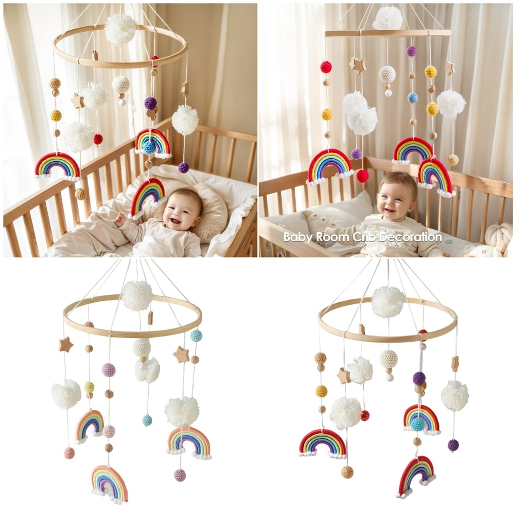 Zeiwohndc Wooden Rainbow Star Pendant Crib Mobile Nordic Nursery Decoration Hanging Toy