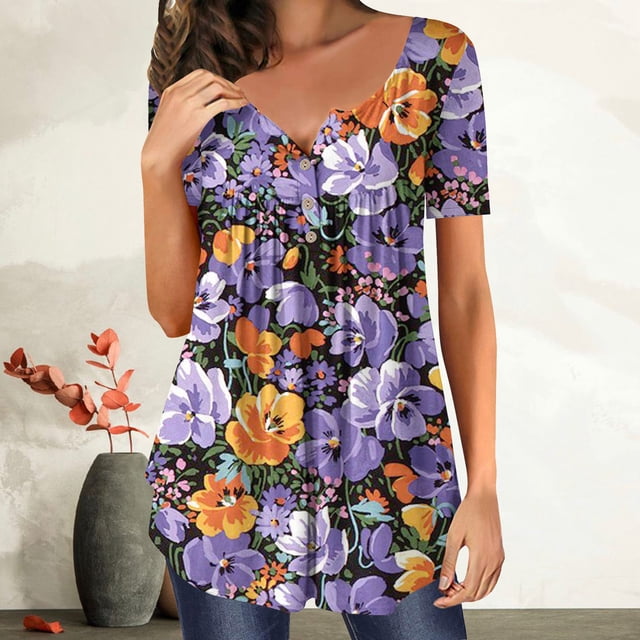 SMihono Hauts pour Femmes Été Décontracté Mode Femmes Été Ample Imprimé Col Rond T-Shirt Manches Courtes Blouse Décontractée Grande Taille T-Shirt