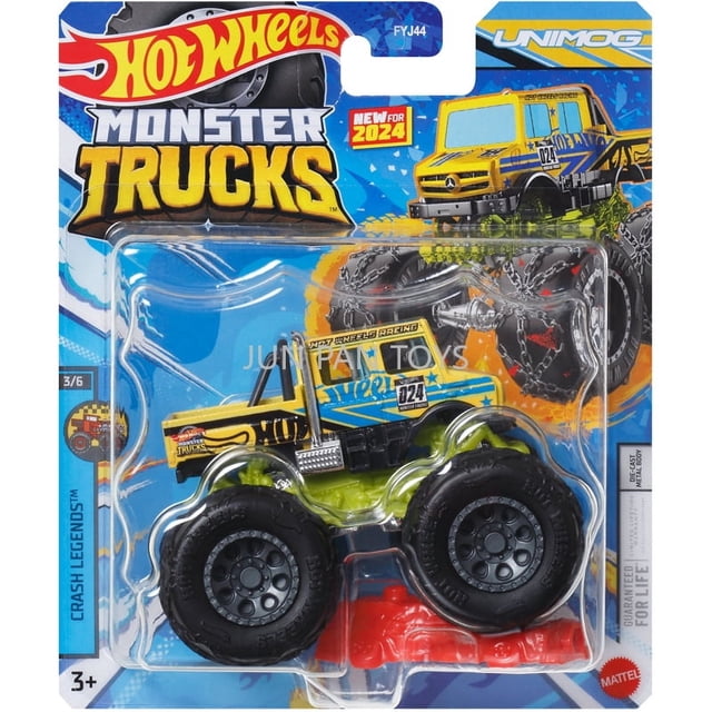 monster trucks originales de hot wheels, escala 1:64: blister frontal con Monster Truck diecast 1:64 en amarillo y verde, carrocería baja con chasis negro, grandes neumáticos de goma negra y llantas grises, calcomanía "024" y gráficos de carrera; fondo azul con logo Hot Wheels. Adecuado como regalo para niños o para exhibir en colecciones.