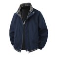 thumbnail image 2 of Men's Loose Stand-up Collar Work Jacket with Checkered Patchwork Style, Casual Sports Coat for Outdoor Adventures, Daily Wear, and Winter Season Events,Dark Blue,3XL, 2 of 5