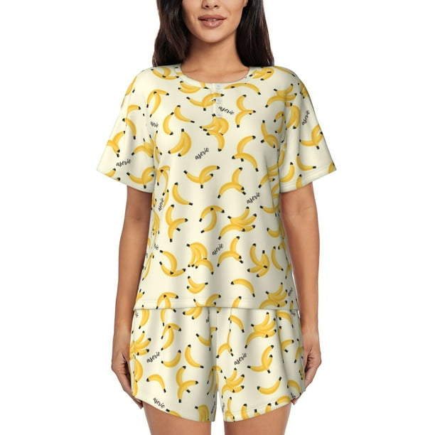 Balery Banana Conjunto de Pijama para Mujer con Estampado, Dos Piezas de Manga Corta y Shorts, Ropa de Dormir Suave con Cuello Redondo y Bolsillos-Small