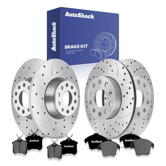 AutoShack Front Vented & Rear Solid Drilled & Slotted Silver Zinc Coated Brake Rotors   Premium Ceramic Pads 12-PC Brake Kit Replacement for 2015-2018 Volkswagen Jetta SilverShield Pro