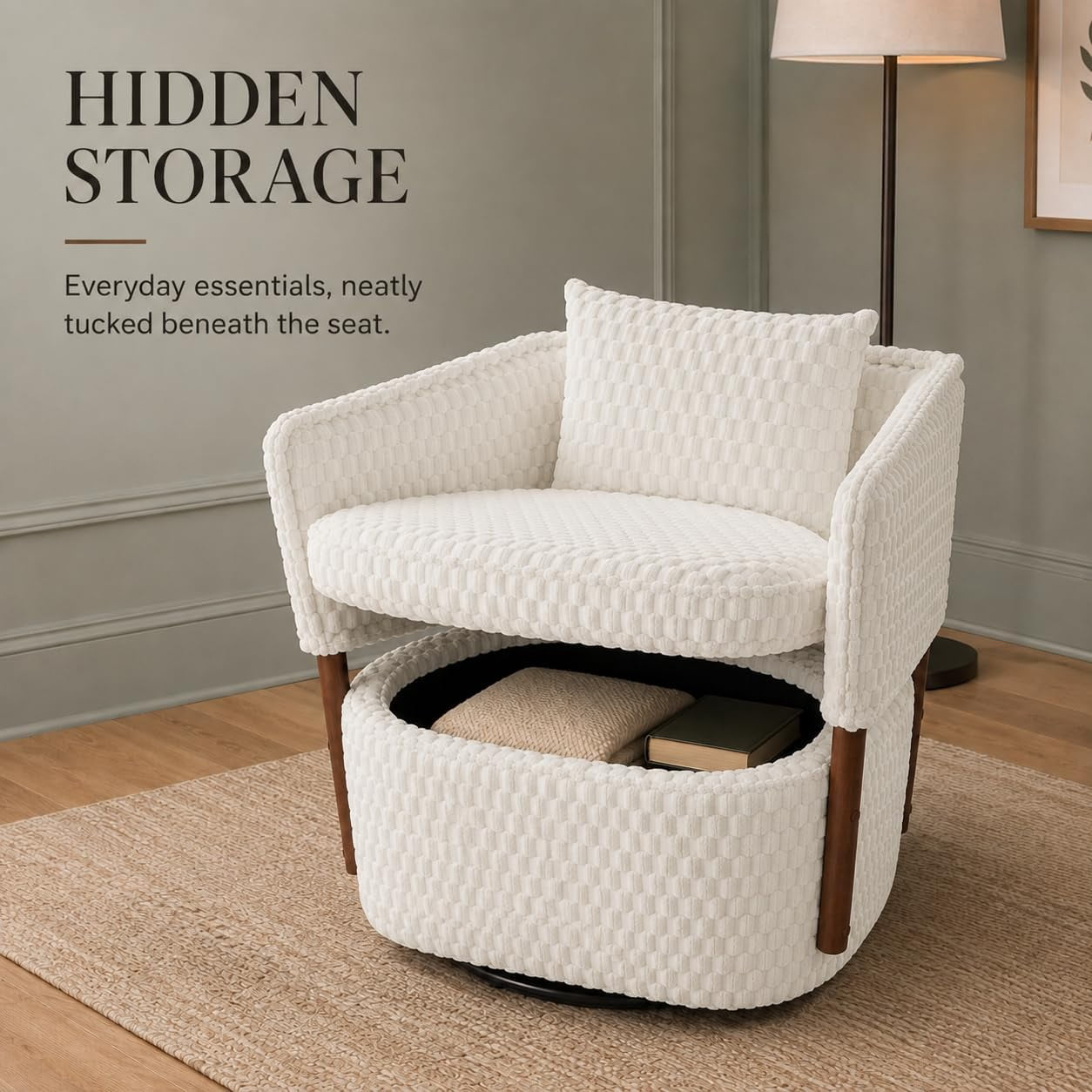 MOONIMSS 360°Swivel Accent Chair, Corduroy Vanity Chair with Storage,Beige