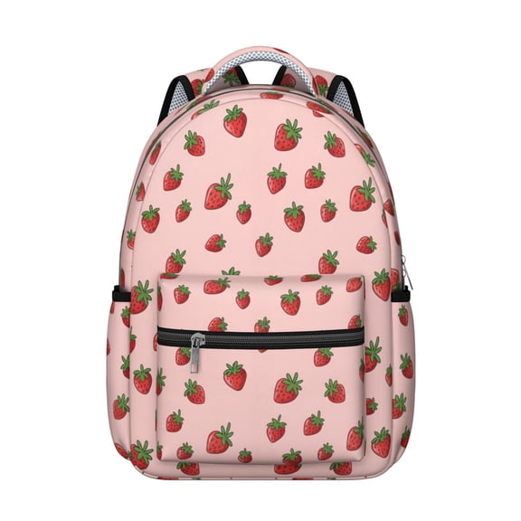 Strawberry Pink Pattern Backpack for School, Cute School Bag with Adjustable Shoulder Straps and Padded Back, 15.3"x11"x7.1"