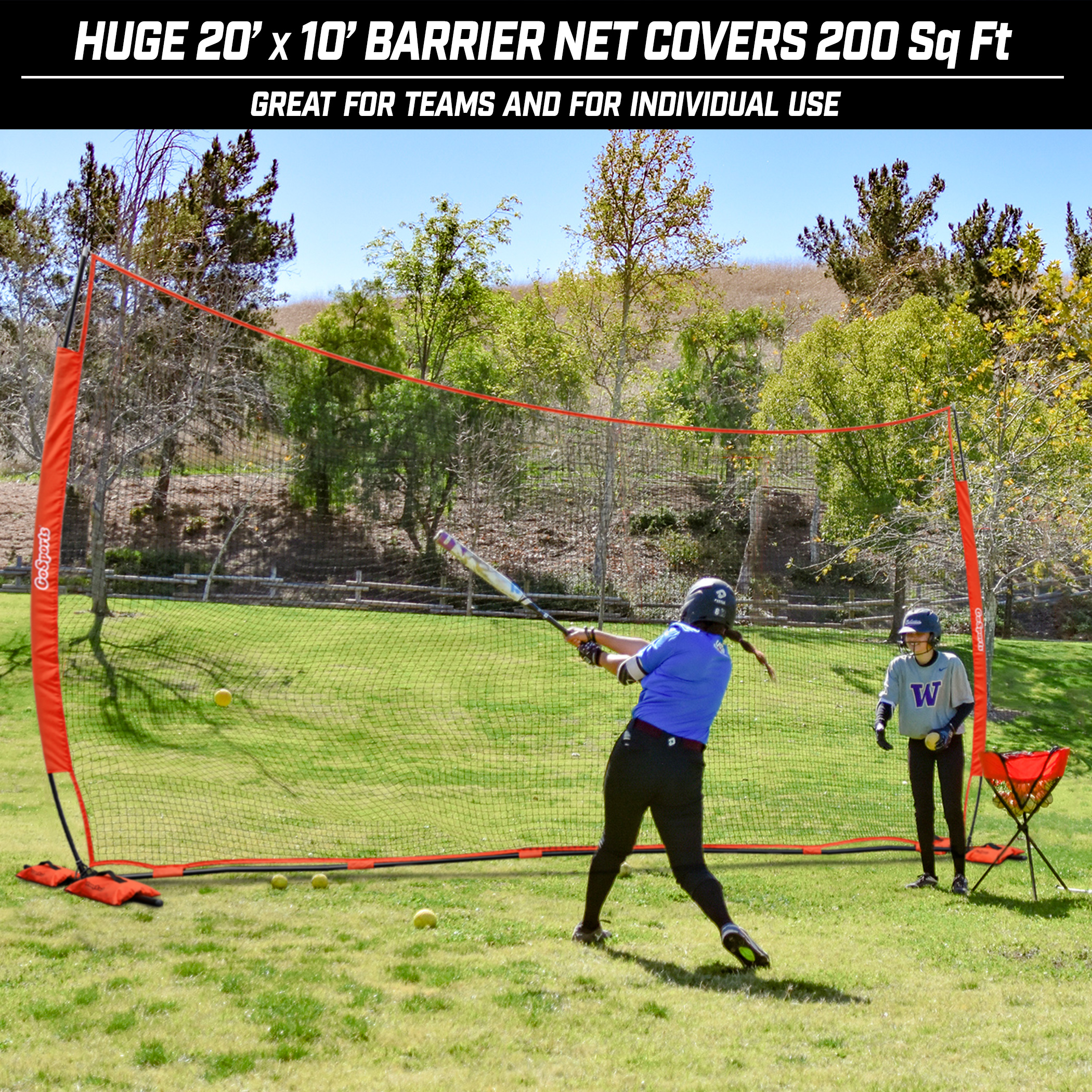 GoSports 20' x 10' Sports Barrier Net with Weighted Sand Bags - Huge Backstop Net for Basketball, Football, Baseball, Softball, Lacrosse and more