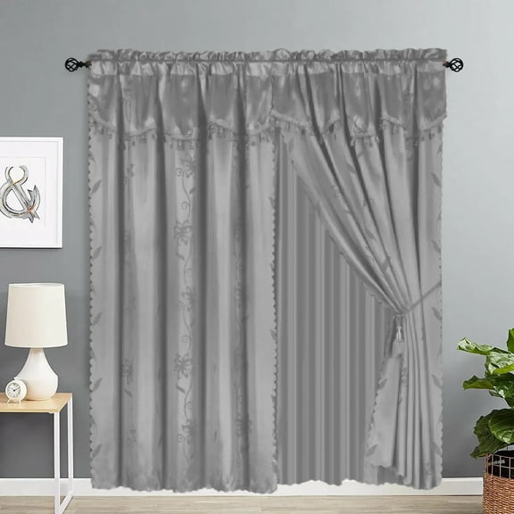 Gorgeous Home Linen 4pc Floral Printed Silver Elegant Rod Pocket Window Curtain Panel Treatment Drape with Matching tieback in 84" Long Nada