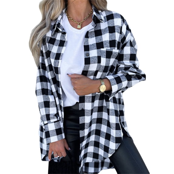 Qmyliery Female Shirt, Plaid Lapel Long Sleeve Tops Coat with Chest Pockets Long and Novel