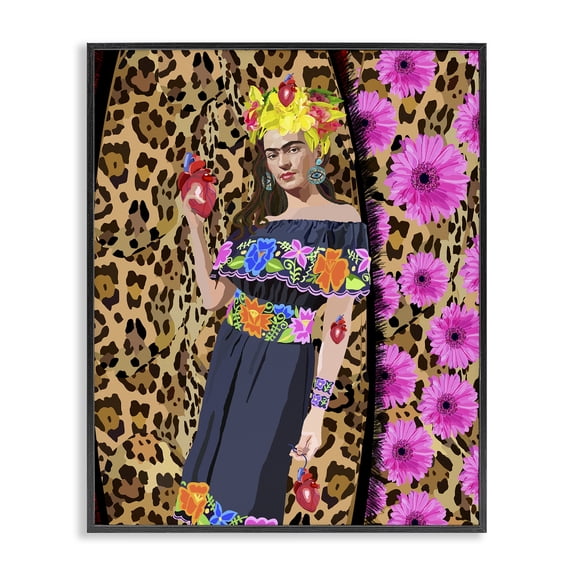 Stupell Industries Art Deco Glamorous Frida Standing Leopard Pattern Bold Floral Black Framed Giclee Art, 11 x 14, by Lynnda Rakos