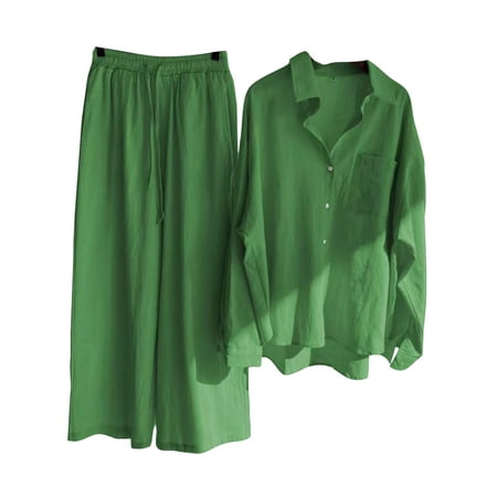

Colisha Ladies Nightwear Solid Color Pajamas Lapel Neck Sleepwear Blouse Summer Long Sleeve Pjs Fluorescent Green L