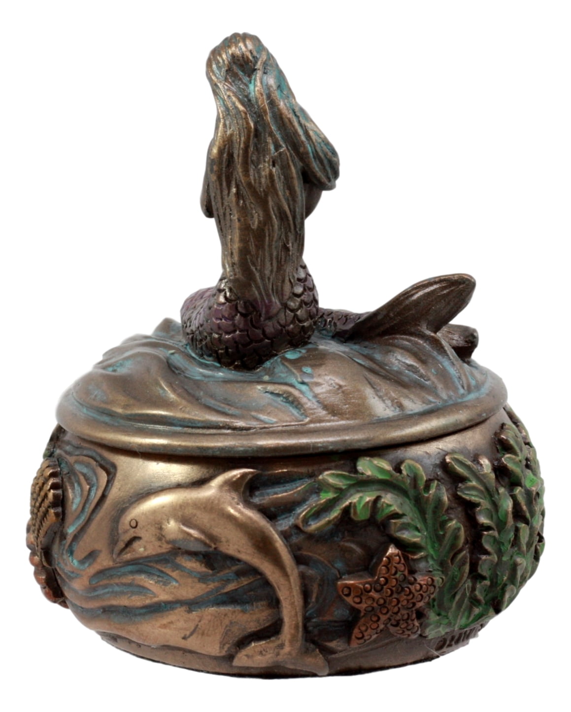 Ebros Beautiful Mermaid Tefiti Praying Round Jewelry Box Figurine 3.25"H Small Nautical Starfish Coral Decorative Trinket Keepsake