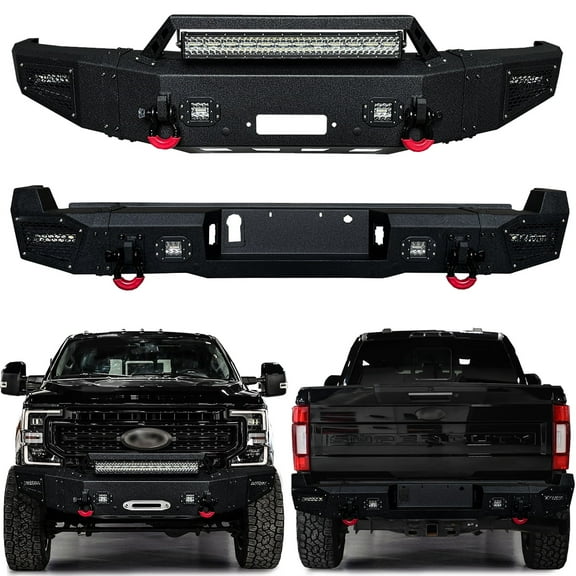 Vijay Compatible with 2017-2018-2019-2020-2021-2022 Ford F250/F350/F450 Front and Rear Bumper Textured Black Steel with Lights and D-rings