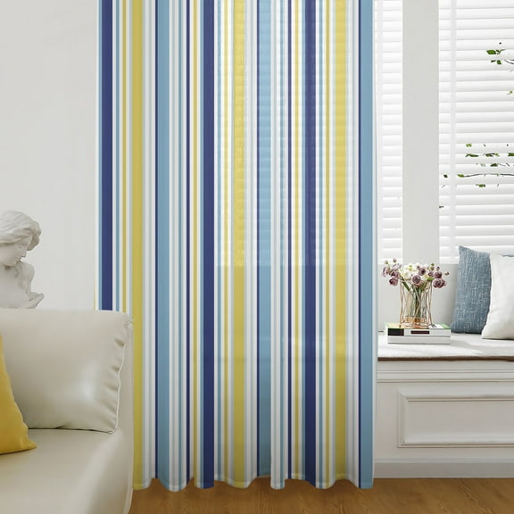 Blue Yellow Striped Semi Sheer Curtains Drapes for Living Room, Bedroom, French Doors Window 96 Inches Long, Farmhouse Navy Blue Ombre Stripes Rod Pocket Chiffon Curtain Drapery Voile Drape Panel