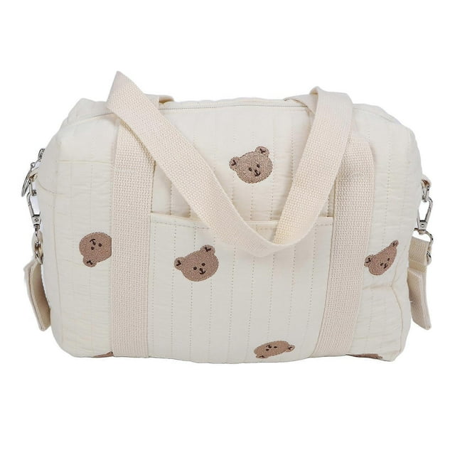 Multifunctional Baby Stroller Organizer Bag, Reusable Handbag with Zipper and Embroidery, Diaper Bag, Bear Bag