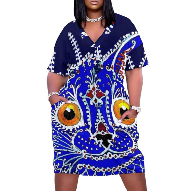 GOIC CAT: Vestido de bolsillo suelto con estampado psicodélico decorativo abstracto vintage de Louis Wain, vestidos de mujer de lujo