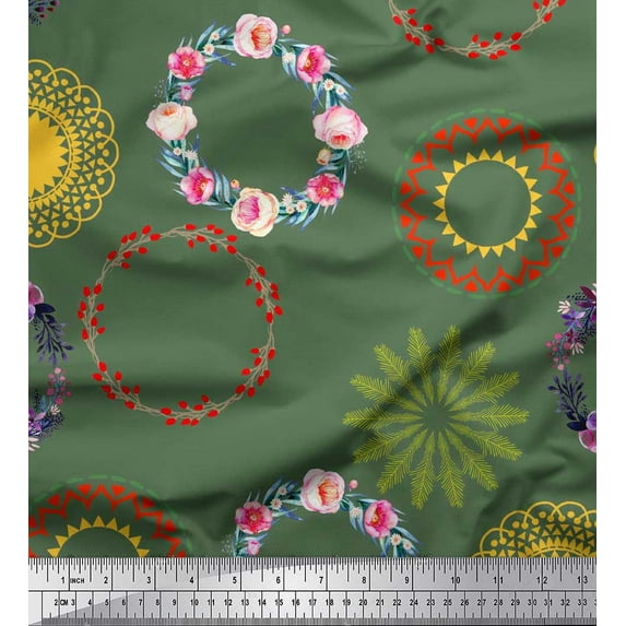 Soimoi Green Cotton Cambric Fabric Mandala & Floral Wreath Flower Decor Fabric Printed BTY 42 Inch Wide