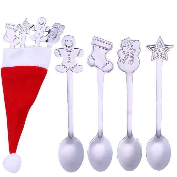 4 Pcs Christmas Dessert Teaspoons,Stainless Steel Coffee Spoons Table Spoon,Mini Christmas Spoon Set,Cute Small Teaspoon Christmas Drink Tableware Stirring Set for Cocoa Ice Cream Cake,Silver