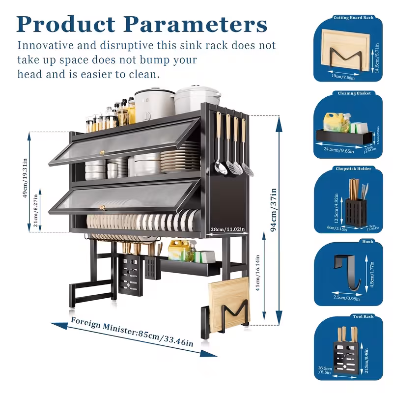 33" Double-Tier Kitchen Sink Shelving Unit with Doors, Dust-Proof Drainage Rack, Multifunctional Storage Cabinet for Dishes, Black