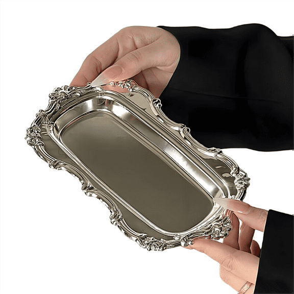Vintage Embossed Stainless Steel Tray Serving Platter for Desserts Jewelry Storage Snack Plate for Dining Table Decor,1 x Storage tray,Silver