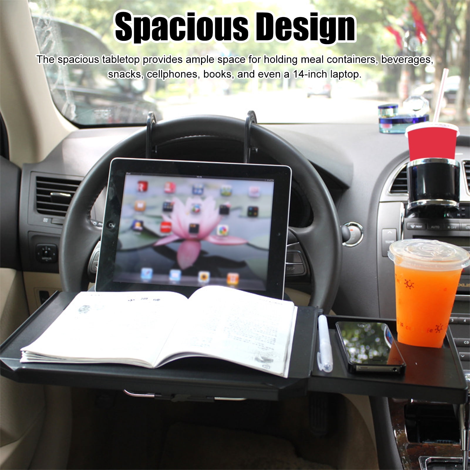CACAGOO 2 In 1 Car Steering Wheel Tray/Back Seat Headrest Tray For Eating Food Drink And Writing Laptop Work, Black Car Desk