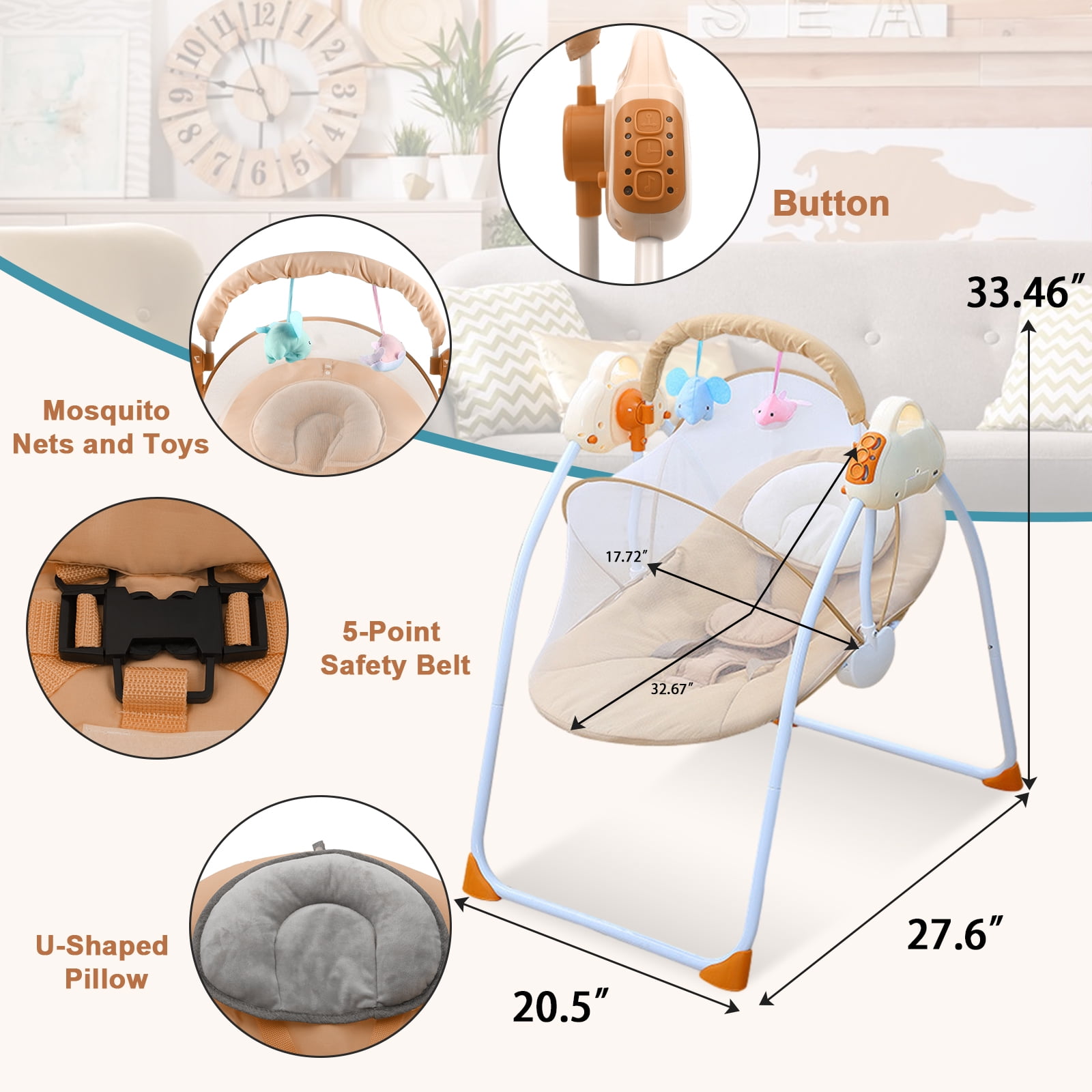 ANJORALA Baby Swings for Infants Toddler Portable Newborn Swing Bouncer, Bluetooth(Brown)
