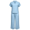 thumbnail image 4 of BRELIL Women Plus Size Two Piece Outfits V Neck Short Sleeve Tee Wide Leg Pants Casual Lounge Set Solid Boho Vacation Travel Loose Tracksuit, Sky Blue 3XL, 4 of 6