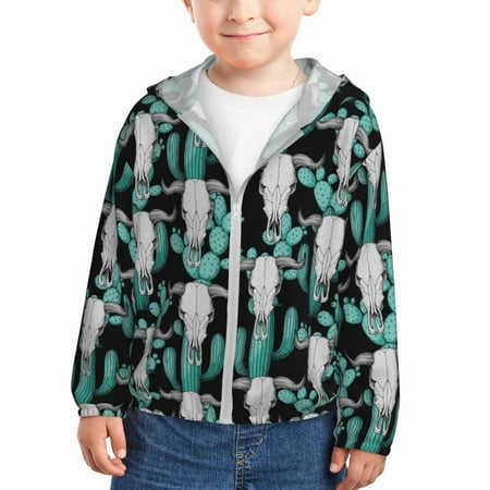 

Sun Hoodie for Kids Buffalo Skull cactus western Long Sleeve Swim Fishing Shirts Sun Protection Zip Up Jacket Clothing Athletic Hoodie