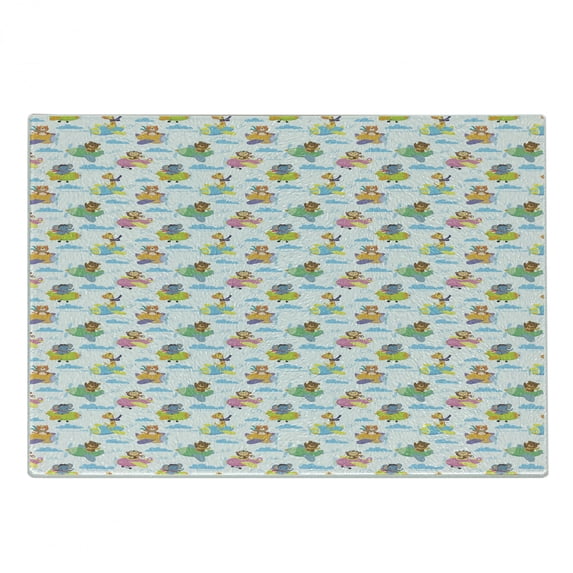 Adventure Cartoon Cutting Board, Forest Animals on Biplane Giraffe Tiger Bear and Monkey, Decorative Tempered Glass Cutting and Serving Board, Small Size, Multicolor, by Ambesonne